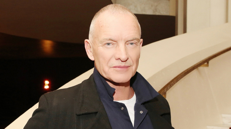 Sting posing for a photo with stairs in the background