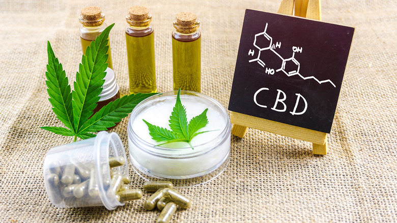CBD products and marijuana leaves