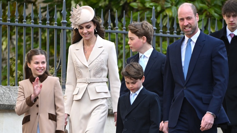 Princess Charlotte, Kate Middleton, Prince George, Prince William, and Prince Louis walking outside together in April 2026