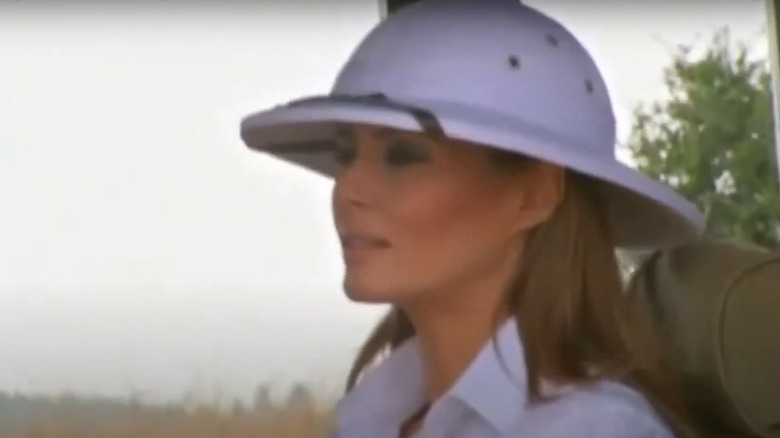 Melania Trump wearing a white dome-shaped hat