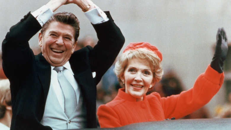 Ronald and Nancy Reagan waving on Inauguration Day