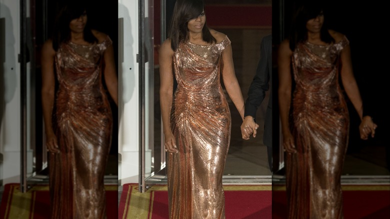 Michelle Obama wearing a sparkly dress at a state dinner