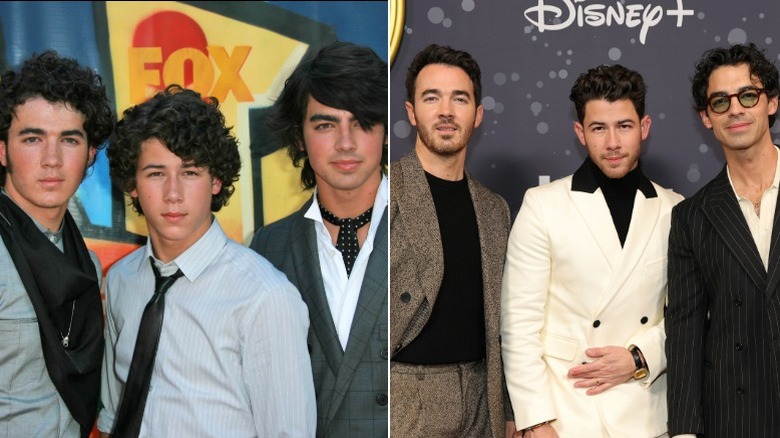 Split image of the Jonas Brothers (Kevin, Nick, and Joe) in 2005 and 2025.