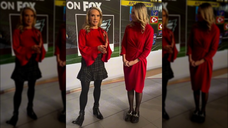 Dana Perino wearing a red shirt, black ruffled skirt, and black tights