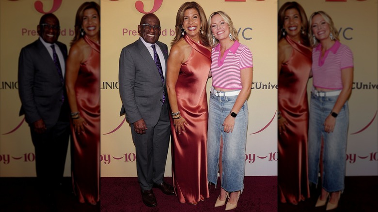 Dylan Dreyer wearing a denim skirt and striped polo shirt and posing with Hoda Kotb and Al Roker