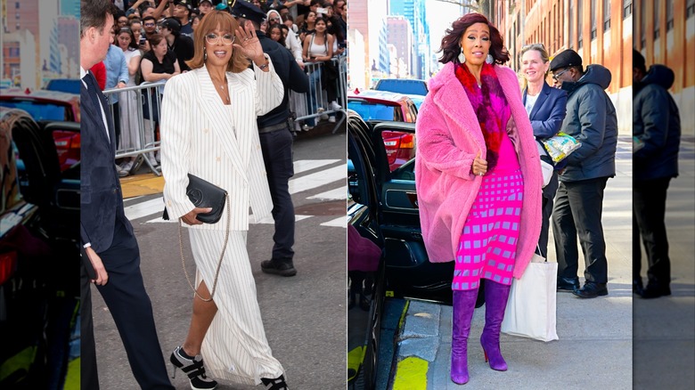 Split image of Gayle King wearing a white pinstriped blazer and skirt and wearing a pink fur coat and purple boots