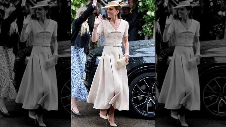 Kate Middleton, wearing a nude-colored gown, waving as she leaves a wedding.