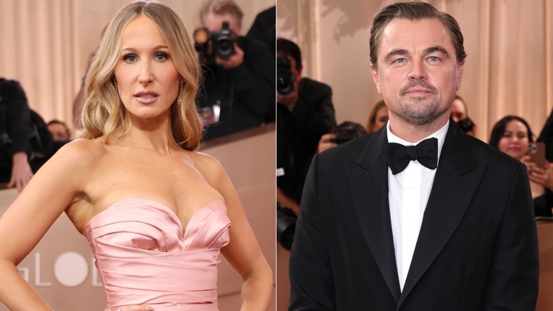 left image shows Nikki Glaser staring at the camera on the Golden Globes red carpet, right image shows Leonardo DiCaprio with a bland expression on the Golden Globes red carpet