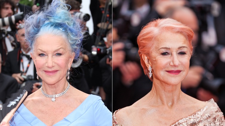 Helen Mirren with blue hair in 2023 and pink hair in 2019
