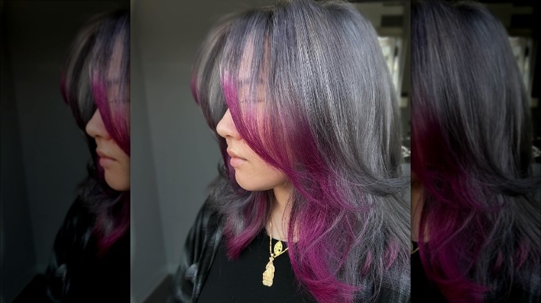 Gray hair with dark magenta edges