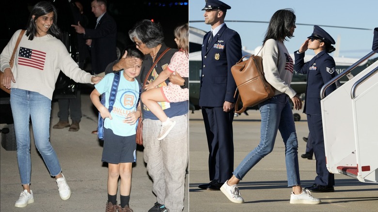 Usha Vance walks the tarmac with her family in a large sweater & white shoes