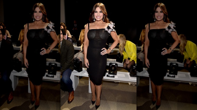 Kimberly Guilfoyle wearing a sheer, black dress at Zang Toi show