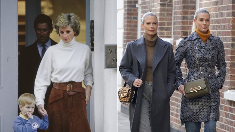 Split image with Princess Diana wearing a turtleneck and holding Prince Harry's hand on the left, with a screenshot of Amelia and Eliza Spencer wearing Michael Kors on the right