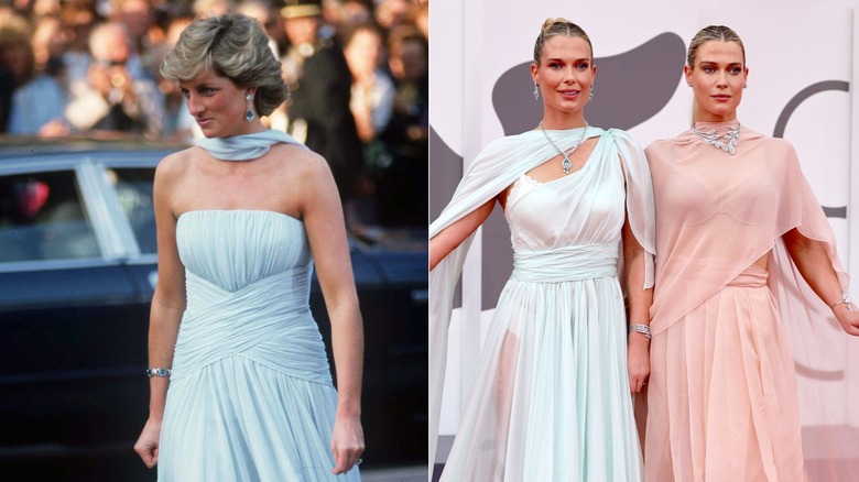 Split image of Diana Spencer at Cannes Film Festival in 1987 on the left, and Amelia and Eliza spencer at the Venice Film Festival on the right
