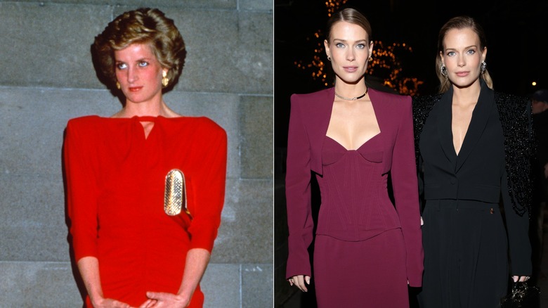 Split image with Diana Spencer wearing a red dress in Melbourne on the left, with Amelia and Eliza Spencer wearing structural red and black dresses on the right