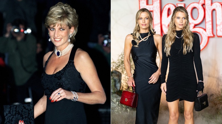 Split image of Princess Diana attending a Cancer Research event in 1995 wearing a black dress on the left, and Amelia and Eliza Spencer wearing black dresses at a Wuthering Heights event in 2026
