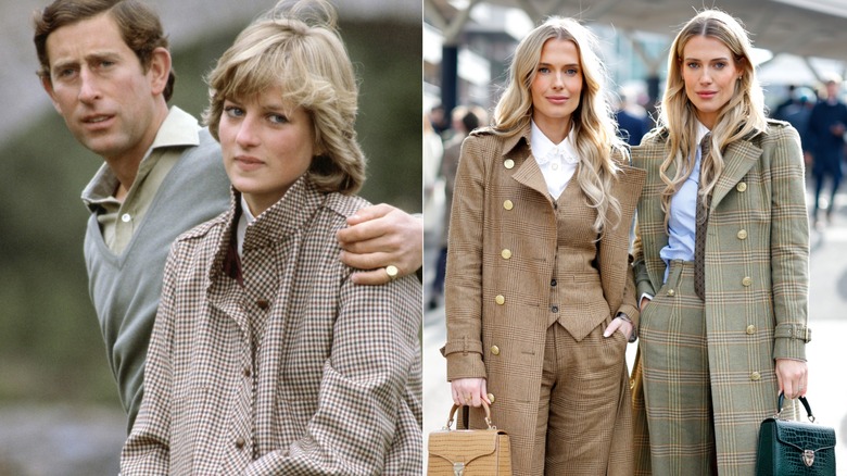 Split image of Princess Diana wearing tweed with then-husband Charles Windsor's arm on her shoulder on the left, with image of Amelia and Eliza Spencer wearing tweed at Cheltenham Races on the right