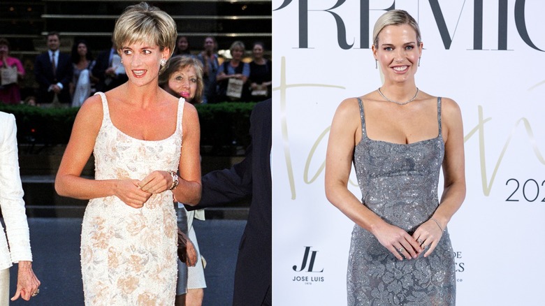 Split image of Princess Diana at a Christies event in aid of the AIDS Crisis Trust on the left, and Amelia Spencer at the Italian consulate in Madrid on the right