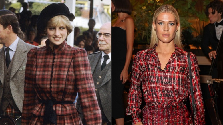 Split image of Diana Spencer wearing tartan at the Highland Games on the left, and Amelia Spencer wearing a tartan Carolina Herrera shirt on the right