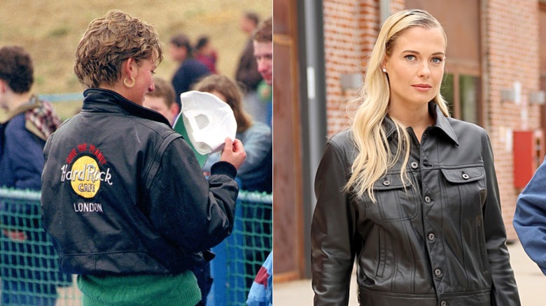 Split image of Princess Diana wearing a Hard Rock leather jacket at Thorpe Park on the left, and Amelia Spencer wearing a leather jacket at Milan fashion week