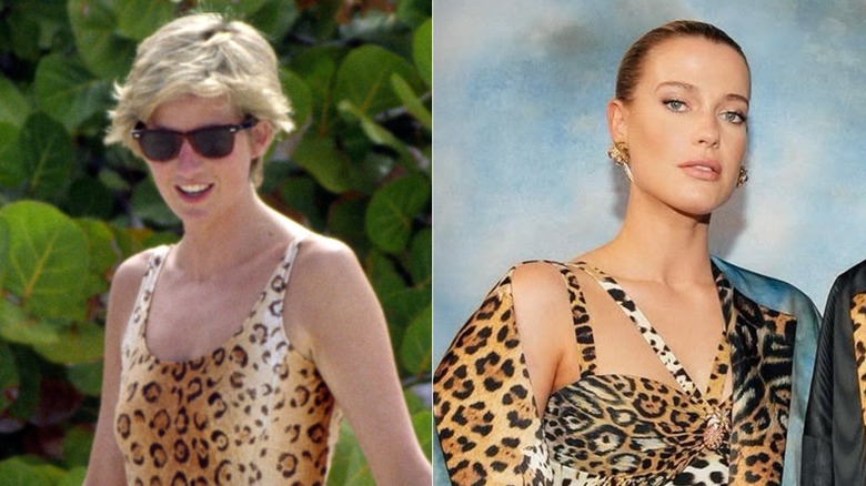 Split image with Diana Spencer wearing leopard print on Necker Island on the left, and Amelia Spencer wearing leopard print Roberto Cavalli on the right