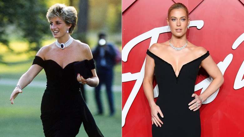 Split image with Diana Spencer wearing her famous black 'revenge dress' on the right, with Amelia Spencer wearing a similarly-cut black dress on the right