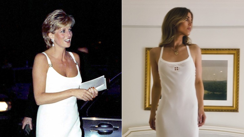 Split image: Princess Diana Attending A Concert In Italy In Aid Of Bosnian Children wearing a white dress, and Amelia Spencer wearing a silky white dress in a Paris hotel room on the right
