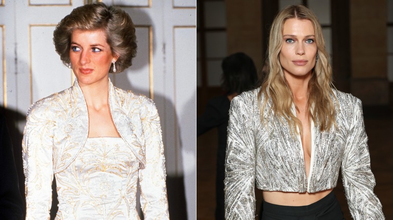 Split image of Princess Diana wearing a silver dress and jacket at a French event on the left, with Amelia Spencer wearing a silver jacket and black skirt combo on the right