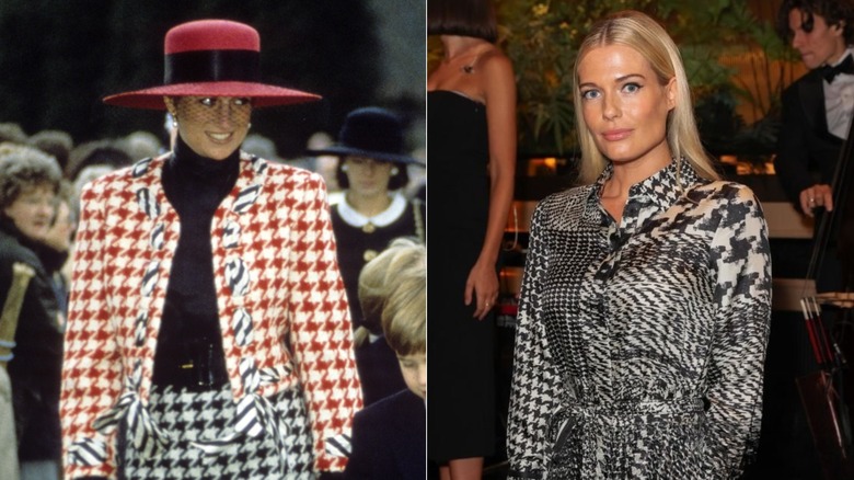 Split image of Princess Diana wearing a red and white and black and white houndstooth outfit at Eugenie's christening on the left, and ELiza Spencer wearing a houndstooth shirt on the right