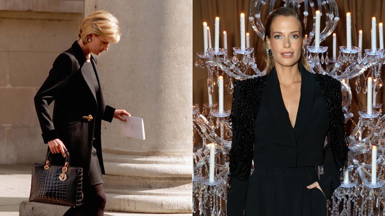 Split image of Diana wearing a black mourning outfit on the left and Eliza Spencer wearing a black suit at a Zuhair Murad fashion show on the right