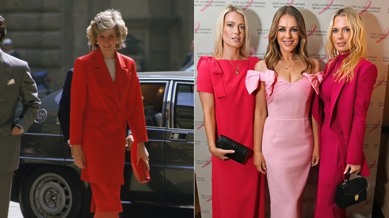 Split image, Princess Diana attending an event in Florence wearing all red on the left, Amelia and Eliza Spencer either side of Elizabeth Hurley at the Estee Lauder Companies' Pink Ribbon Dinner wearing red ensembles on the right