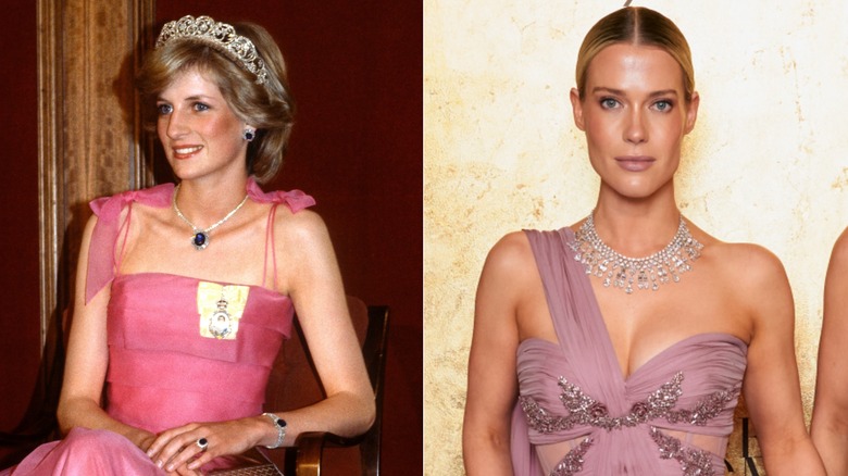 Split image of Diana Spencer wearing a pink dress at an event in Brisbane on the left, and Amelia Spencer wearing a pink dress at an event in Doha on the right