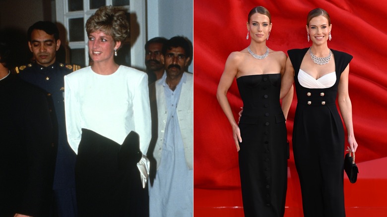 Split image of Princess Diana wearing a black-and-white dress in Islamabad on the left, and Amelia and Eliza Spencer wearing black and white at The Devil Wears Prada 2 premiere
