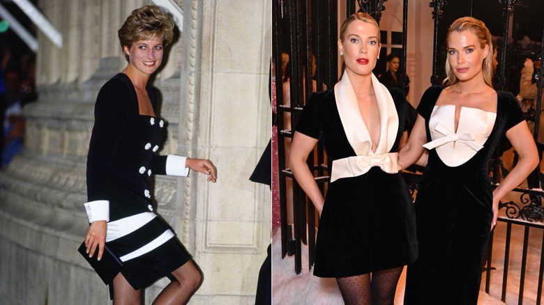 Split image of Diana Spencer wearing a black and white dress at the Royal Albert Hall in 1992 on the left, with Amelia and Eliza Spencer wearing black and white dresses at Richard Quinn's London Fashion Week Show in 2025