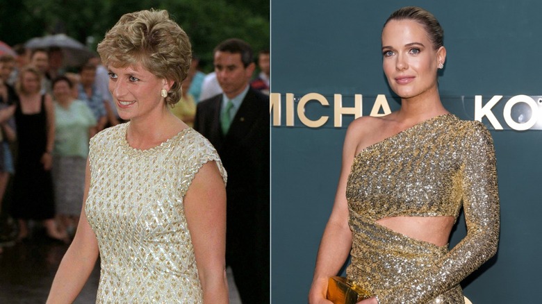 Split image of Princess DIana attending a Bolshoi Ballet performance in Russia on the left, and Amelia Spencer wearing a gold dress at a Michael Kors event
