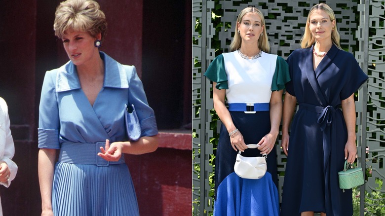 Split image of Princess Diana wearing a blue dress in Egypt on the left, and Amelia and Eliza Spencer wearing blue (and white) dresses on the right