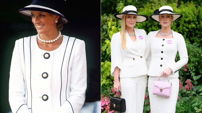 Split image of Princess Diana wearing a white suit and hat at a VJ Day celebration on the left, and Amelia and Eliza Spencer wearing white suits and hats at Ascot on the right