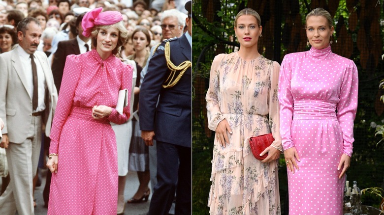 Split image of Princess Diana wearing a pink polka dot dress and pink hat on the left, and Eliza Spencer wearing a pink polka dot dress on the right