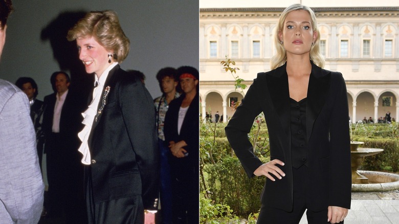 Split image with Princess Diana wearing a black suit and talking to singer Bryan Adams on the left, and Amelia Spencer wearing a black suit on the right