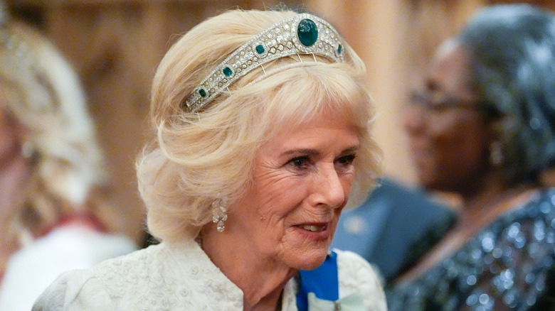 Close-up of Queen Camilla talking
