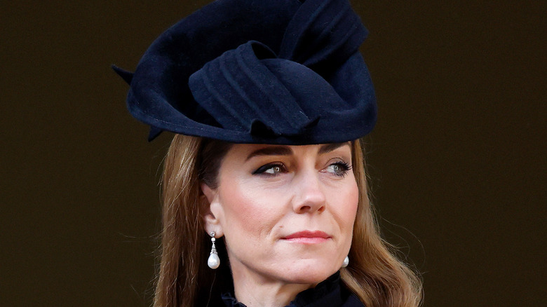 Close-up of Princess Catherine wearing navy hat