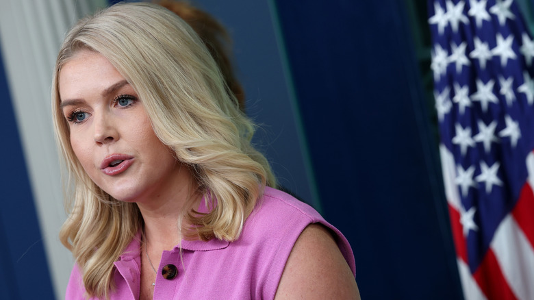 Karoline Leavitt looking subdued during a press briefing in a purple top