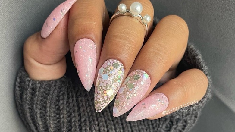 sparkly pink powder dip nails