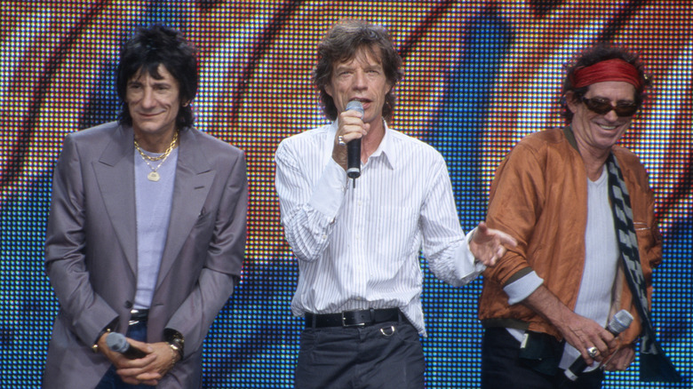 Charlie Watts, Mick Jagger, Ron Wood and Keith Richards of The Rolling Stones announce their world tour 2002-2003 in Van Cortland Park in New York City on May 7, 2002.