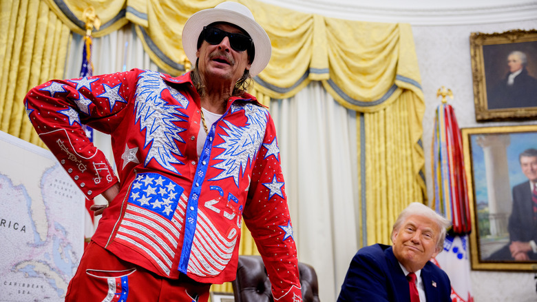 Kid Rock and Donald Trump posing together in the Oval Office