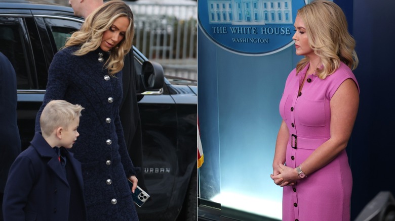 Side-by-side images of Lara Trump and Karoline Leavitt's button-heavy outfits