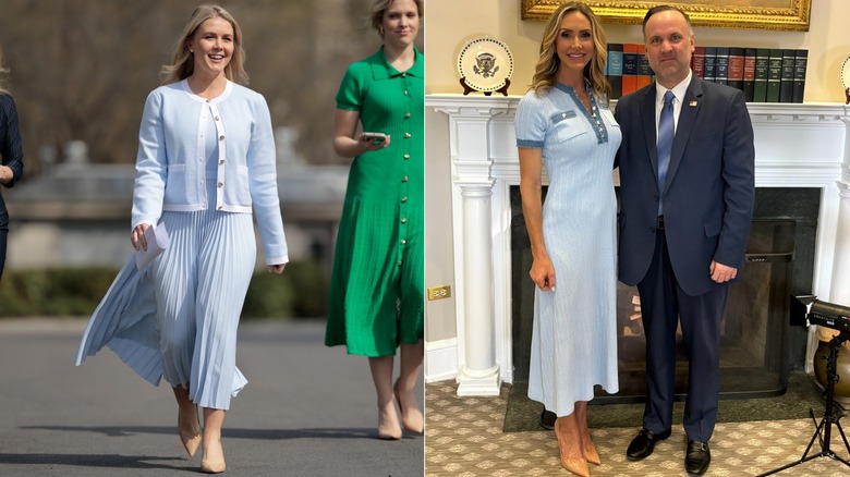 Side-by-side of Karoline Leavitt and Lara Trump wearing similar shade of blue