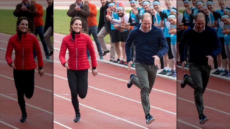 Kate Middleton runs on a track next to Prince William