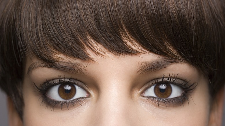 Woman with bangs and brown eyes looks at camera
