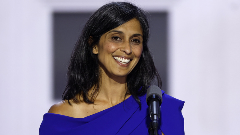 Usha Chilukuri Vance, wife of J.D. Vance, speaks on stage on the third day of the Republican National Convention at the Fiserv Forum in Milwaukee, Wisconsin (2024)